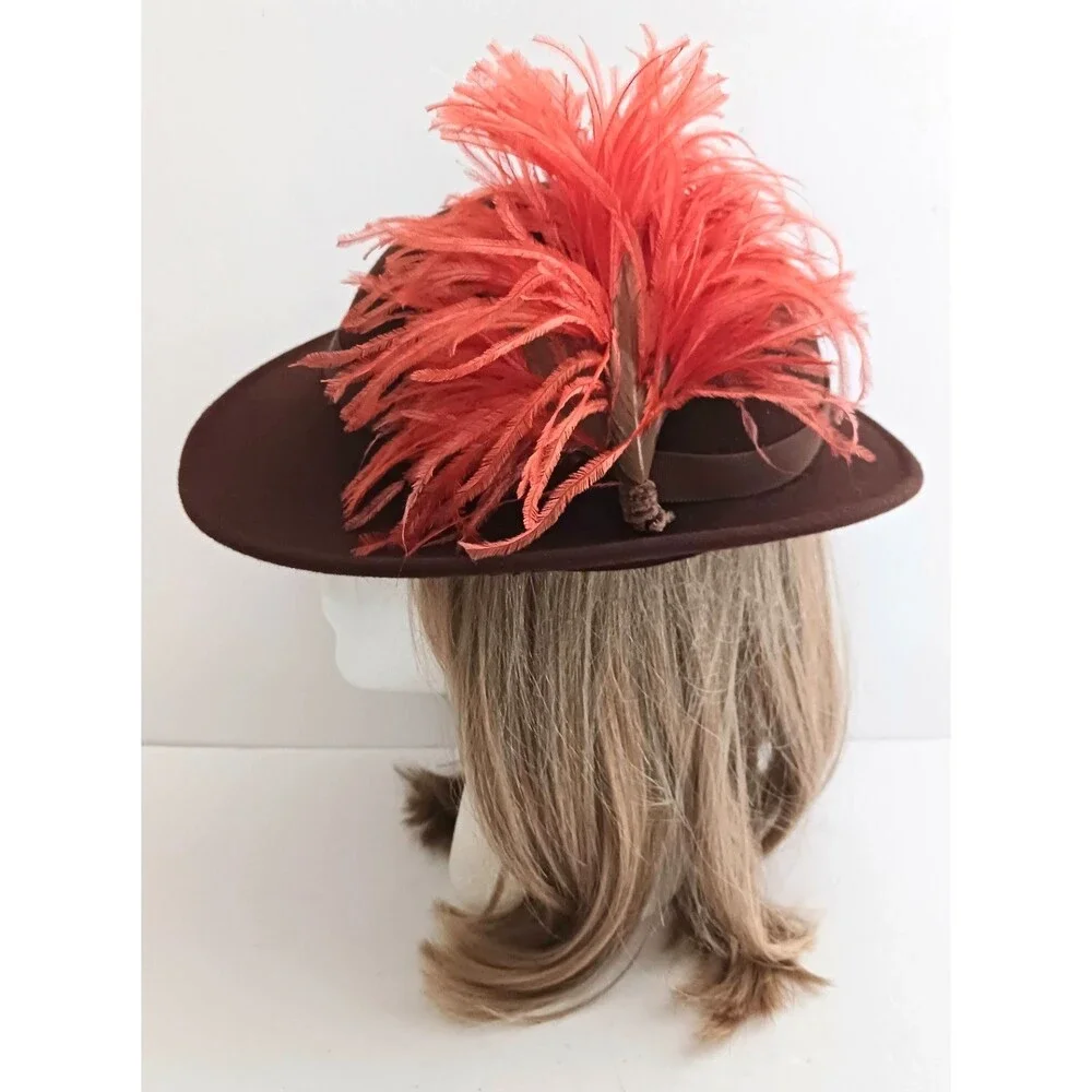 VTG Miss Rose Brown Felt Wool Hat Orange Feather Plume Trim O/S